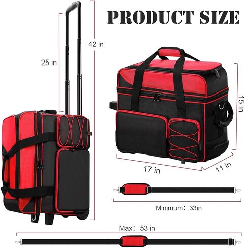 Large 2 Ball Bowling Bag With Rollers丨with Fixed Bowling Ball Device Roller Bag丨Extendable Handle to 42"丨Bowling Ball Roller Bag Fits 1 Pair Of Men'S Size 16 Bowling Shoes (Bowling Ball Not Included) in Kuwait
