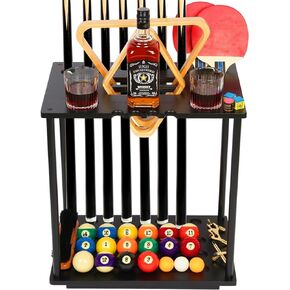 Onemacc Pool Cue Rack Floor Stand, Pool Stick Holder Holds 9 Cue, 100% Solid Wood Billiard Cue Holder/Ping Pong Paddle Together, Billiards Accessories Storage for Game Room Club or Men Cave, Black