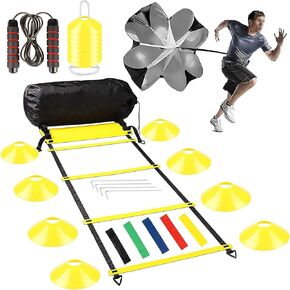 Speed Training Equipment for Soccer Agility Ladder with16 Rung, Resistance Parachute, Jump Rope, 5 Sports Bands,16 Cones Workout Ladder for Ground Increase Football Fitness Feet Speed & Footwork-26Ft in Kuwait