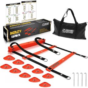 POWER GUIDANCE Agility Ladder (20 Feet) for Speed Agility Training & Quick Footwork Exercise - with 12 Plastic Rungs, 4 Pegs, Carry Bag & 10 Sports Cones