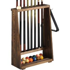رف تخزين ملحقات البلياردو القائم بذاته من الخشب الصلب البني المحروق من MyGift - حامل عصا حمام السباحة على الأرض، ورف كروي، وخطاف مثلث in Kuwait