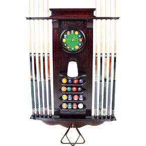 ISZY Billiards - حامل Cue فقط 10 عصا حمام السباحة - رف حائط عصا البلياردو مع ساعة اختر الماهوجني أو البلوط الداكن أو اللمسة النهائية السوداء (الماهوجني) in Kuwait