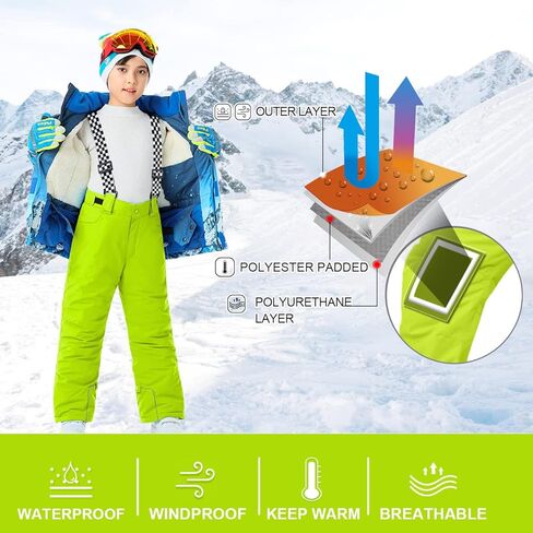 سروال ثلج للأولاد والبنات من HOUZONIY معزول مقاوم للماء، سروال تزلج مع حمالات قابلة للفصل للتزلج والتزلج على الجليد والشتاء in Kuwait