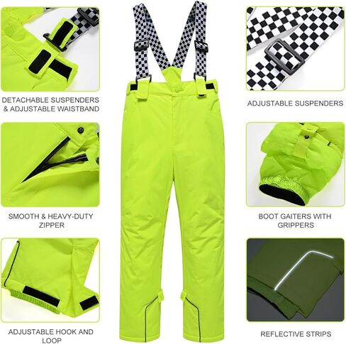 سروال ثلج للأولاد والبنات من HOUZONIY معزول مقاوم للماء، سروال تزلج مع حمالات قابلة للفصل للتزلج والتزلج على الجليد والشتاء in Kuwait