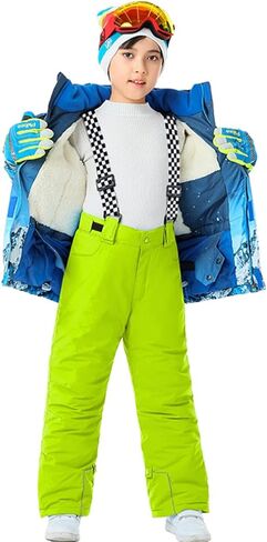 سروال ثلج للأولاد والبنات من HOUZONIY معزول مقاوم للماء، سروال تزلج مع حمالات قابلة للفصل للتزلج والتزلج على الجليد والشتاء in Kuwait