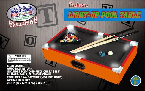 Matty's Toy Stop Deluxe Wooden 20" Table Top LED Light-Up Glow in The Dark Pool (Billiards) with 15 Colored Balls, 1 Cue Ball, 2 Pool Sticks, 1 Cube of Chalk & Racking Triangle in Saudi Arabia