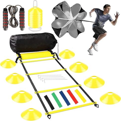 Speed Training Equipment for Soccer Agility Ladder with16 Rung, Resistance Parachute, Jump Rope, 5 Sports Bands,16 Cones Workout Ladder for Ground Increase Football Fitness Feet Speed & Footwork-26Ft in Kuwait