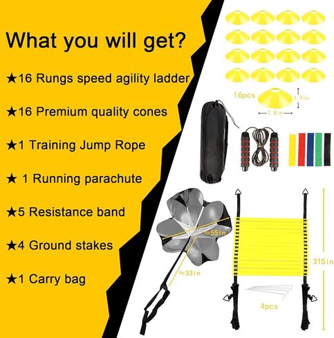 Speed Training Equipment for Soccer Agility Ladder with16 Rung, Resistance Parachute, Jump Rope, 5 Sports Bands,16 Cones Workout Ladder for Ground Increase Football Fitness Feet Speed & Footwork-26Ft in Kuwait