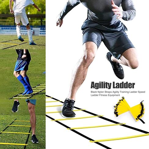 Speed Training Equipment for Soccer Agility Ladder with16 Rung, Resistance Parachute, Jump Rope, 5 Sports Bands,16 Cones Workout Ladder for Ground Increase Football Fitness Feet Speed & Footwork-26Ft in Kuwait
