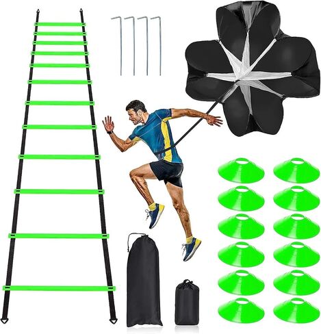 Pro Speed & Agility Training Set—Includes 12 Rung 20ft Adjustable Agility Ladder with Carrying Bag, 12 Disc Cones, 4 Steel Stakes, 1 Resistance Parachute, Use Equipment to Improve Footwork Any Sport in Kuwait