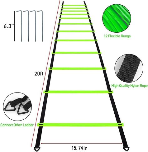 Pro Speed & Agility Training Set—Includes 12 Rung 20ft Adjustable Agility Ladder with Carrying Bag, 12 Disc Cones, 4 Steel Stakes, 1 Resistance Parachute, Use Equipment to Improve Footwork Any Sport in Kuwait