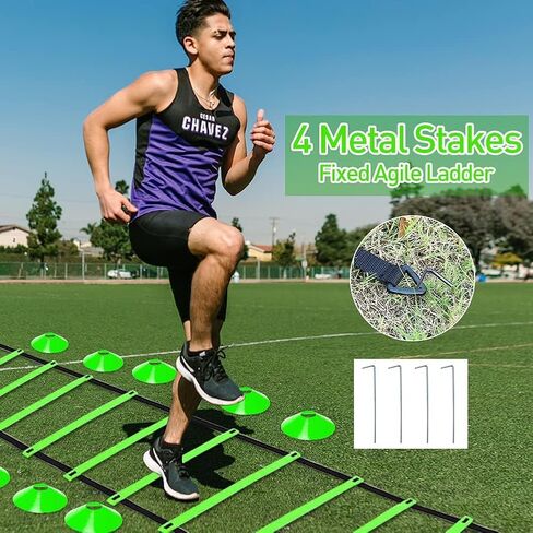 Pro Speed & Agility Training Set—Includes 12 Rung 20ft Adjustable Agility Ladder with Carrying Bag, 12 Disc Cones, 4 Steel Stakes, 1 Resistance Parachute, Use Equipment to Improve Footwork Any Sport in Kuwait