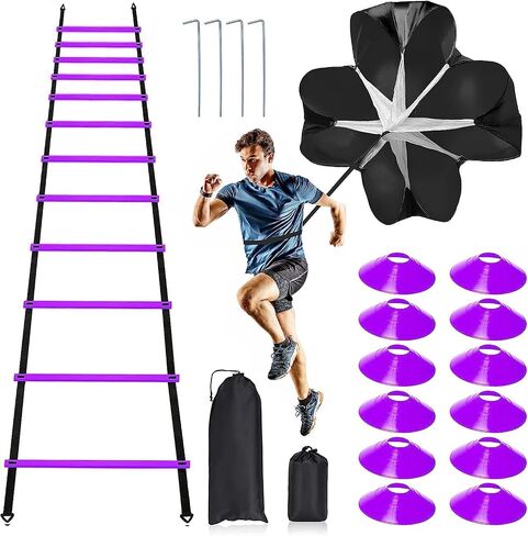 Pro Speed & Agility Training Set—Includes 12 Rung 20ft Adjustable Agility Ladder with Carrying Bag, 12 Disc Cones, 4 Steel Stakes, 1 Resistance Parachute, Use Equipment to Improve Footwork Any Sport in Kuwait