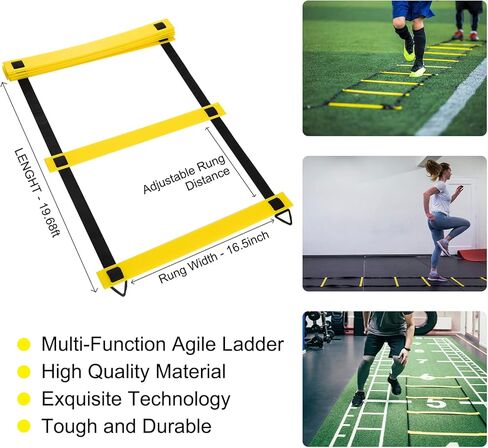 سلم رشاقة الحركة 12 درجة بطول 20 قدم من Goopreen، سلم كرة القدم للتدريب مع 12 مخروطًا، مدرب كرة قدم منفرد، مظلة مقاومة، حبل القفز، حقيبة حمل، سلم تدريب لألعاب القدم in Kuwait