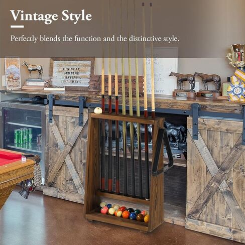 رف تخزين ملحقات البلياردو القائم بذاته من الخشب الصلب البني المحروق من MyGift - حامل عصا حمام السباحة على الأرض، ورف كروي، وخطاف مثلث in Kuwait