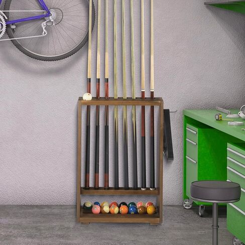 رف تخزين ملحقات البلياردو القائم بذاته من الخشب الصلب البني المحروق من MyGift - حامل عصا حمام السباحة على الأرض، ورف كروي، وخطاف مثلث in Kuwait