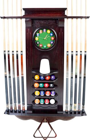ISZY Billiards - حامل Cue فقط 10 عصا حمام السباحة - رف حائط عصا البلياردو مع ساعة اختر الماهوجني أو البلوط الداكن أو اللمسة النهائية السوداء (الماهوجني) in Kuwait