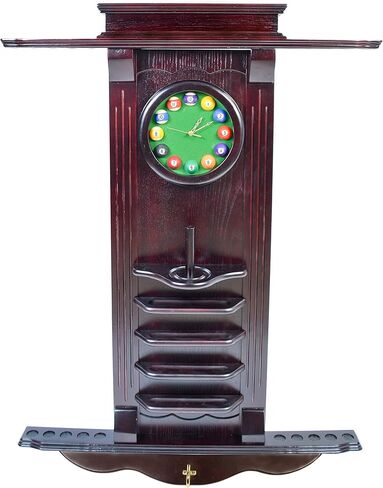 ISZY Billiards - حامل Cue فقط 10 عصا حمام السباحة - رف حائط عصا البلياردو مع ساعة اختر الماهوجني أو البلوط الداكن أو اللمسة النهائية السوداء (الماهوجني) in Kuwait