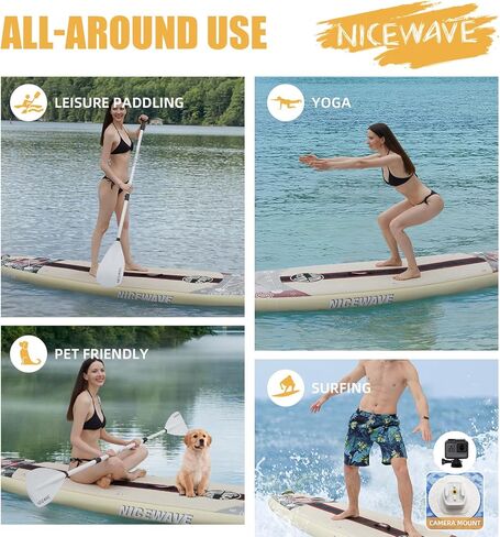 ألواح تجديف واقفة عريضة للغاية قابلة للنفخ من NiceWave للبالغين/الشباب مع حامل كاميرا (10'6"/11' ألواح تجديف SUP خفيفة للغاية) مع ملحقات ISUP وحقيبة ظهر ممتازة in Kuwait
