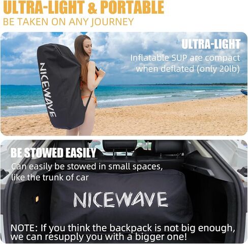 ألواح تجديف واقفة عريضة للغاية قابلة للنفخ من NiceWave للبالغين/الشباب مع حامل كاميرا (10'6"/11' ألواح تجديف SUP خفيفة للغاية) مع ملحقات ISUP وحقيبة ظهر ممتازة in Kuwait