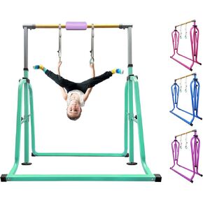 kechery Foldable & Moveable Gymnastics Horizontal Bar with Rings,3’to 5’Adjustable Height Expandable Junior Kip Bar for Home,Indoor Gym Equipment for Kids