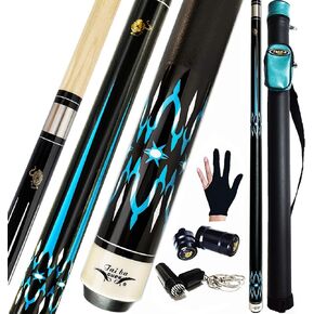 Tai ba cues عصا البلياردو المكونة من قطعتين + حافظة صلبة، طرف 13 مم، 58 بوصة، عصا البلياردو الاحترافية المصنوعة من خشب القيقب الكندي الصلب 18,19,20,21,22 أونصة عصا حمام السباحة (قابلة للتحديد) - أزرق، أسود، أحمر، رمادي ، أخضر
