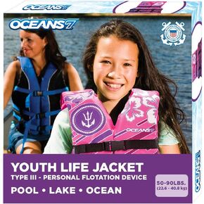 Oceans7 معتمد من خفر السواحل الأمريكي، النوع III - سترة نجاة للشباب - جهاز تعويم شخصي بتصميم مرن مريح ومفتوح الجوانب - وردي/توتي