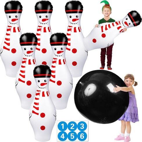 Poen 7 Pieces Christmas Giant Inflatable Bowling Set, Including 6 Pieces 27 Inches Snowman Pins and a 24 Inches Ball with Stickers for Outdoor Games Party Adults Yard Indoor Birthday Family Boys Girls in Kuwait