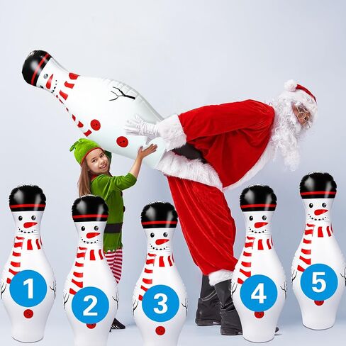 Poen 7 Pieces Christmas Giant Inflatable Bowling Set, Including 6 Pieces 27 Inches Snowman Pins and a 24 Inches Ball with Stickers for Outdoor Games Party Adults Yard Indoor Birthday Family Boys Girls in Kuwait