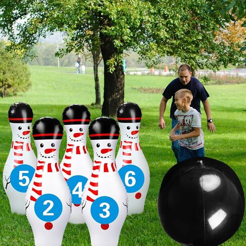 Poen 7 Pieces Christmas Giant Inflatable Bowling Set, Including 6 Pieces 27 Inches Snowman Pins and a 24 Inches Ball with Stickers for Outdoor Games Party Adults Yard Indoor Birthday Family Boys Girls in Kuwait