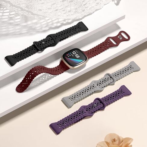 Dirrelo 4 pack Lace Silicone Band Compatible for Fitbit Sense Bands/Fitbit Versa 3 Bands Women/Fitbit Versa 4 Bands/Sense 2 Bands, Soft Ultrathin Hollow-out Sport Watch Strap Replacement Wristbands in Kuwait