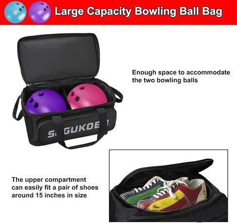 SOGUKOER عجلة مزدوجة 2 أكياس بولينج كروية مع عجلات، حقيبة بولينج بعجلات، بكرة مزدوجة 2 كرة بولينج يمكن وضع أحذية مع جهاز ثابت، حقيبة دوارة، مقبض قابل للسحب يمتد إلى 37.5 بوصة in Kuwait