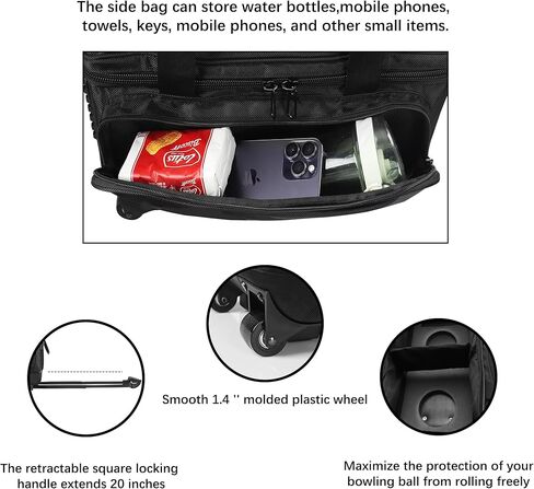 SOGUKOER عجلة مزدوجة 2 أكياس بولينج كروية مع عجلات، حقيبة بولينج بعجلات، بكرة مزدوجة 2 كرة بولينج يمكن وضع أحذية مع جهاز ثابت، حقيبة دوارة، مقبض قابل للسحب يمتد إلى 37.5 بوصة in Kuwait