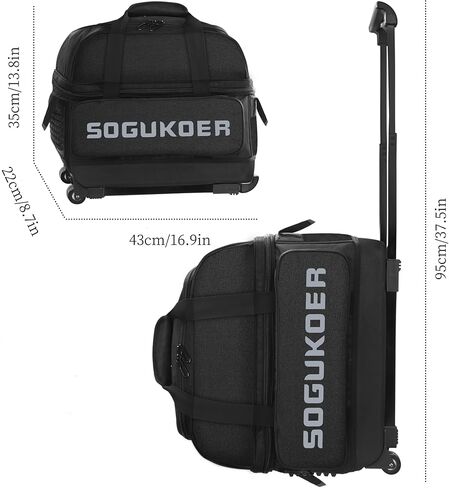 SOGUKOER عجلة مزدوجة 2 أكياس بولينج كروية مع عجلات، حقيبة بولينج بعجلات، بكرة مزدوجة 2 كرة بولينج يمكن وضع أحذية مع جهاز ثابت، حقيبة دوارة، مقبض قابل للسحب يمتد إلى 37.5 بوصة in Kuwait