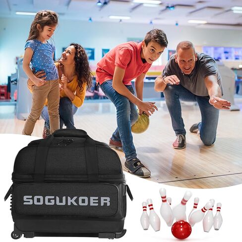 SOGUKOER عجلة مزدوجة 2 أكياس بولينج كروية مع عجلات، حقيبة بولينج بعجلات، بكرة مزدوجة 2 كرة بولينج يمكن وضع أحذية مع جهاز ثابت، حقيبة دوارة، مقبض قابل للسحب يمتد إلى 37.5 بوصة in Kuwait