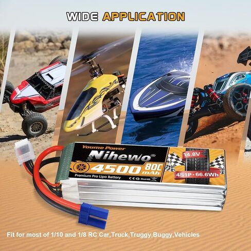 Nihewo 3s Lipo Battery 2packs 11.1v Lipo Battery 4500mAh 80C مع EC5 Plug متوافق مع Arrma Axial Losi Blade E-flite 1/10 و1/8 مقياس RC سيارة شاحنة مركبة طائرة هليكوبتر قارب نماذج خزان in Kuwait