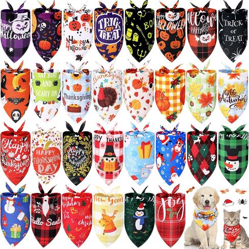 Sanwuta 30 Pcs Thanksgiving Fall Dog Bandanas Bulks Christmas Dog Triangle Scarf Dog Bibs Puppy Bandanas Pet Costume Adjustable Washable Kerchief for Small to Large Cats Dogs in Saudi Arabia