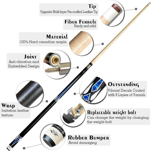 Tai ba cues 2-Piece Pool cue Stick + Hard Case, 13mm Tip, 58", Hardwood Canadian Maple Professional Billiard Pool Cue Stick 18,19,20,21,22 Oz Pool Stick (Selectable)-Blue, Black, Red, Gray, Green in Kuwait