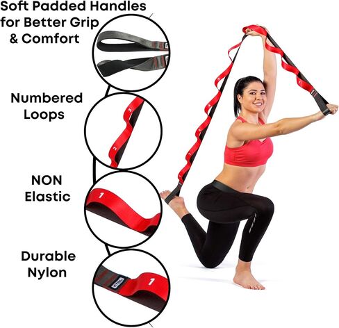 Stretching Strap with Loops - Non Elastic Stretch Band for Physical Therapy, Yoga Strap for Stretching Equipment, Stretch Bands for Exercise and Flexibility - Fascia, Hamstring & Leg Stretcher Belt in Kuwait