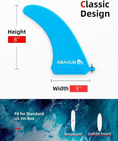 Abahub 8'' SUP Single Center Fin with 1 No Tool Fin Screw, Fiberglass Reinforeced 8 inch SUP Replacement Fins for Surfboard, Stand-up Paddle Board, Longboard, Black/Blue/White in Kuwait