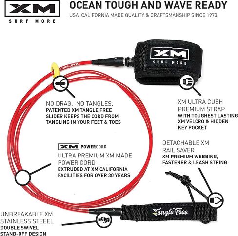 مقود لوح التزلج XM SURF MORE Comp بطول 5 أقدام و10 أقدام مع ترقية خالية من التشابك، سُمك السلك (.220 بوصة)، جيب للمفاتيح، حلقات غير قابلة للكسر، حافظة للسكك الحديدية قابلة للفصل، صنع في الولايات المتحدة الأمريكية in Kuwait