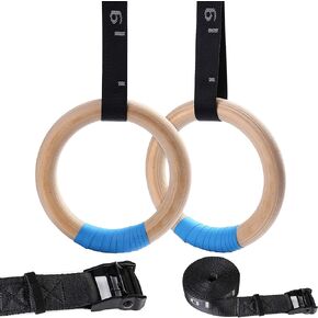 YOELVN Wood Gymnastic Rings with Adjustable Number Suspension Trainer Straps with Cam Buckle 15ft Olympic Rings 32/28mm Heavy Duty 1543/992lbs for Pull Up Bar Workout Exercise Gym Hanging Rings Indoor