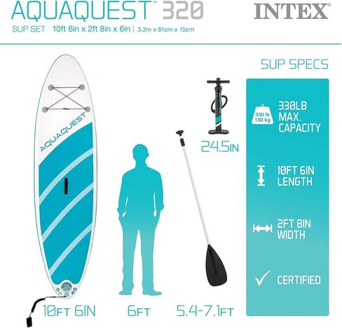 سلسلة ألواح التجديف القابلة للنفخ AquaQuest من INTEX: تشتمل على مجداف قابل للتعديل ومضخة عالية الضغط - تصميم ثلاثي الزعانف - وسادة EVA مقاومة للانزلاق - حبل تخزين - قلب غرز متدلية in Kuwait