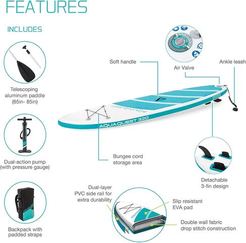 سلسلة ألواح التجديف القابلة للنفخ AquaQuest من INTEX: تشتمل على مجداف قابل للتعديل ومضخة عالية الضغط - تصميم ثلاثي الزعانف - وسادة EVA مقاومة للانزلاق - حبل تخزين - قلب غرز متدلية in Kuwait