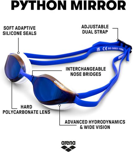 Arena Unisex Python Racing Swim Goggles for Men and Women Anti-Fog No Leak Max Comfort Dual Strap, Mirror/Non-Mirror Lens in Kuwait