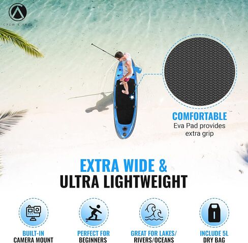 2024 Crew Axel Inflatable Paddle Board 10’33’6" Extra Wide & Lightweight (18lb) Paddle Board – Premium SUP Set Includes 2 Bags, Floating Paddle, Camera Mount, 3 Fins, Dual Pump Kit in Kuwait