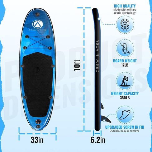 2024 Crew Axel Inflatable Paddle Board 10’33’6" Extra Wide & Lightweight (18lb) Paddle Board – Premium SUP Set Includes 2 Bags, Floating Paddle, Camera Mount, 3 Fins, Dual Pump Kit in Kuwait