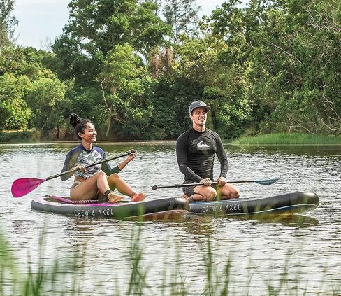 2024 Crew Axel Inflatable Paddle Board 10’33’6" Extra Wide & Lightweight (18lb) Paddle Board – Premium SUP Set Includes 2 Bags, Floating Paddle, Camera Mount, 3 Fins, Dual Pump Kit in Kuwait