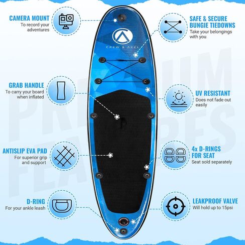 2024 Crew Axel Inflatable Paddle Board 10’33’6" Extra Wide & Lightweight (18lb) Paddle Board – Premium SUP Set Includes 2 Bags, Floating Paddle, Camera Mount, 3 Fins, Dual Pump Kit in Kuwait