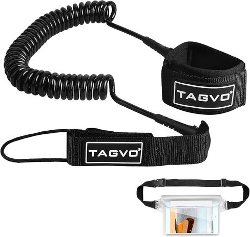 Tagvo Sup Leash Coiled 10' Super Strong 7mm Cord with Waterproof Waist Pouch, Comfortable Padded Neoprene Ankle Cuff Stand up Paddle Board Leash with Double Swivels Anti-rust, Flexible Surfboard Leash in Kuwait